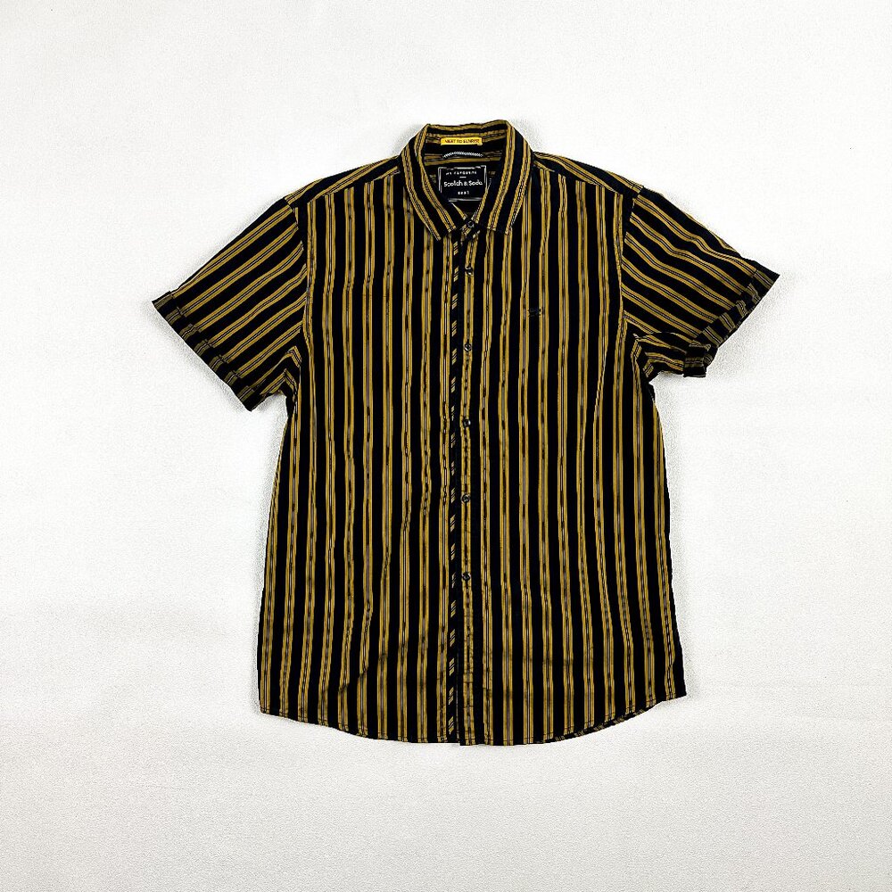 Scotch & Soda Mens Vertical Stripe Short Sleeve Button Shirt Black and Yellow M